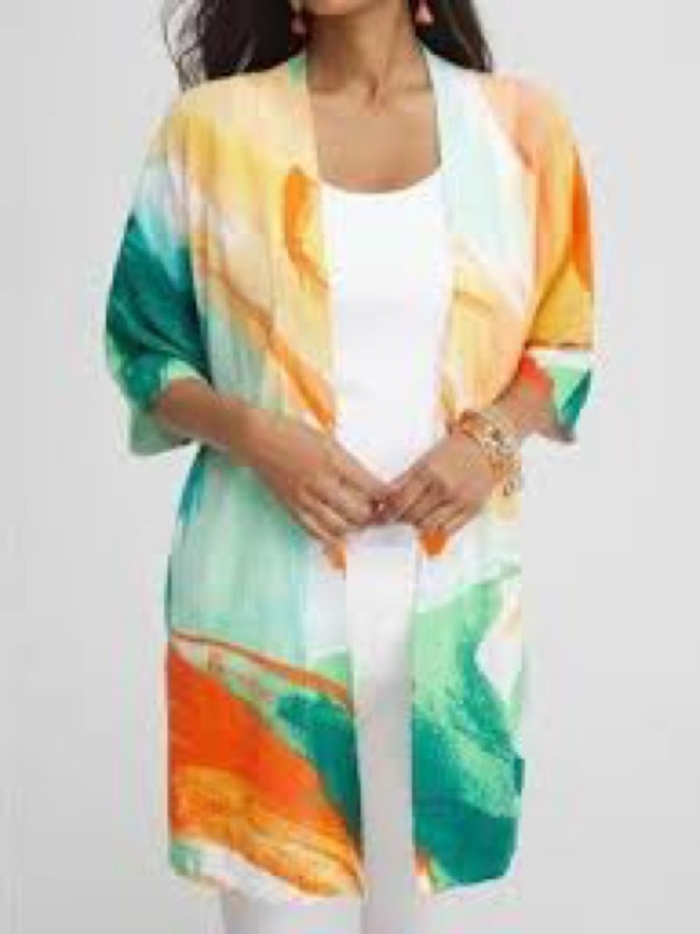 Chico's Summer Romance Watercolor Midi Cardigan Duster Orange Green 3/4 Sleeve L